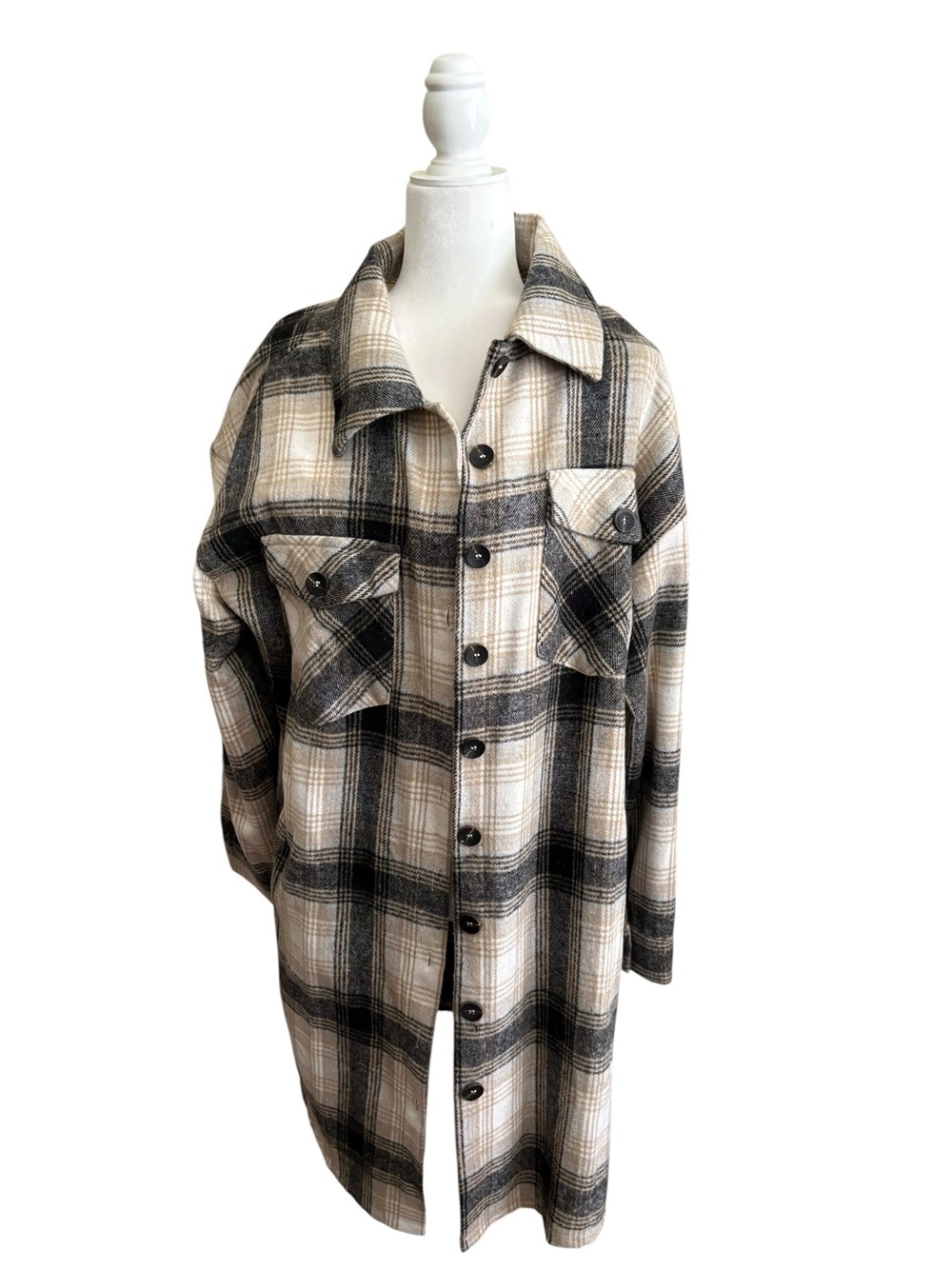 Beige & Black Plaid Women’s Shacket Jacket